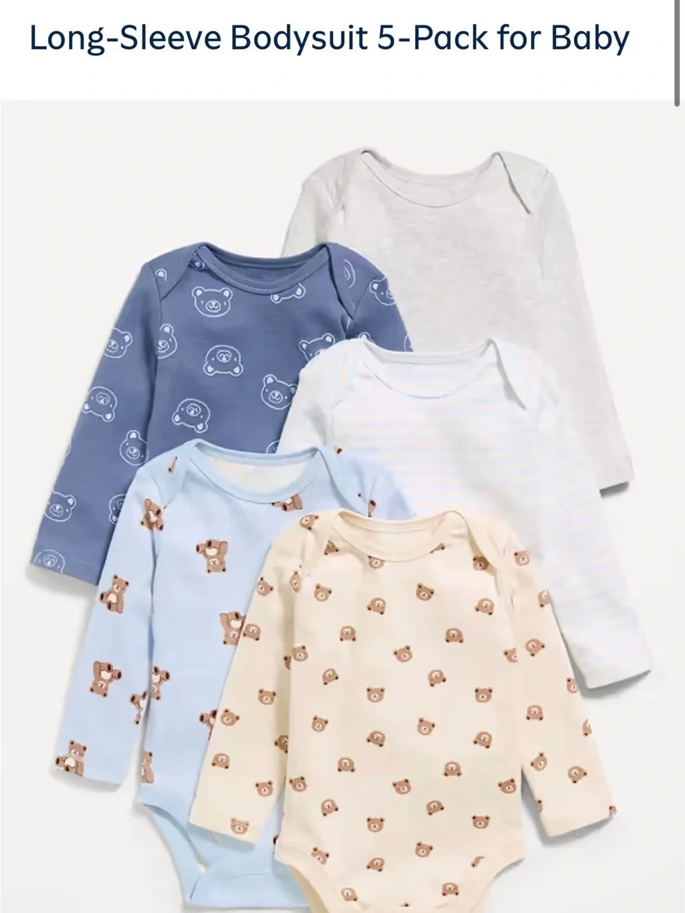 Old Navy Bear Print Long-Sleeve Bodysuit Pack - Navy, Light Blue, Gray, Cream